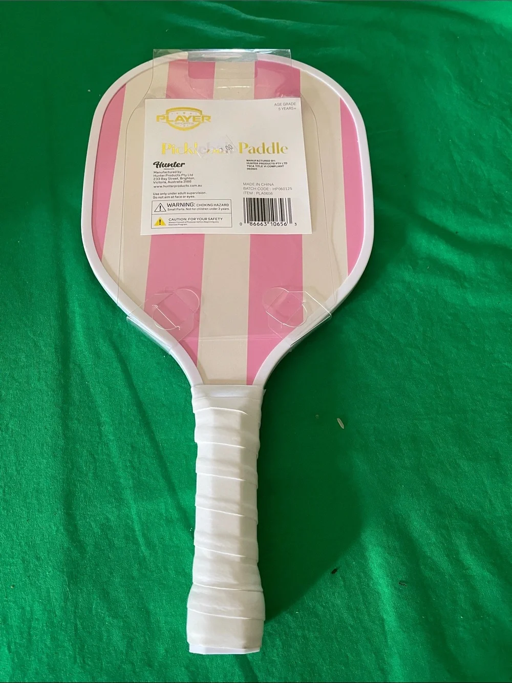 Hunter Pink and Cream Striped Party Paddle with White Wrapped Handle